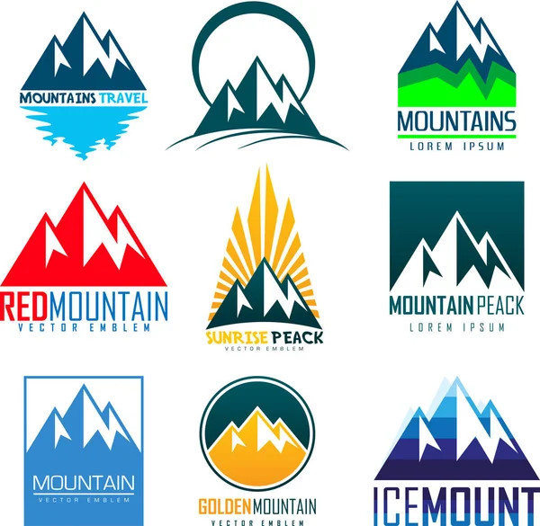벡터 산 및 야외 모험 로고의 집합입니다. 관광, 하이킹 및 캠핑 야외 레이블. — 스톡 벡터