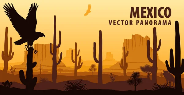 Vector panorama of Mexico with eagle in desert — Stock Vector