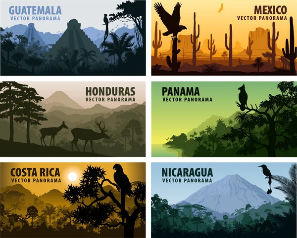 Ensemble vectoriel de panoramas pays Amérique centrale - Guatemala, Mexique, Honduras, Nicaragua, Panama, Costa Rica — Image vectorielle