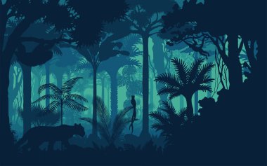 Vector evening tropical rainforest Jungle background with jaguar, sloth, monkey and qetzal clipart