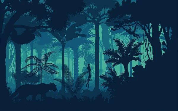 Vecteur soirée forêt tropicale fond jungle avec jaguar, paresseux, singe et qetzal — Image vectorielle
