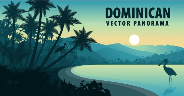 Panorama vectoriel de la République dominicaine avec plage et spoonbill — Image vectorielle