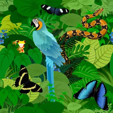 Seamless vector tropical rainforest Jungle background with ara makaw parrot, python and butterflies clipart