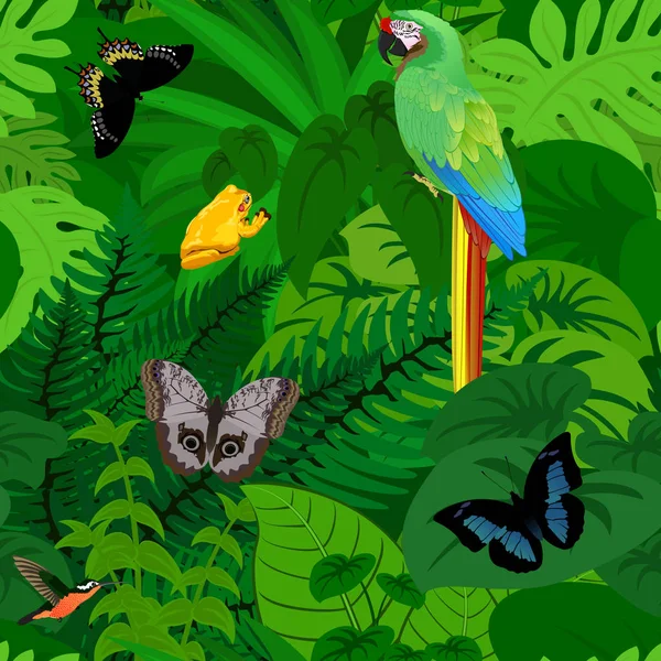 Vector inconsútil selva tropical Fondo de la selva con loro y mariposas — Vector de stock