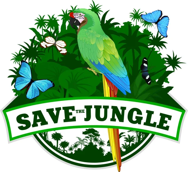 Emblem Hutan Vektor dengan macaw hijau dan kupu-kupu - Stok Vektor