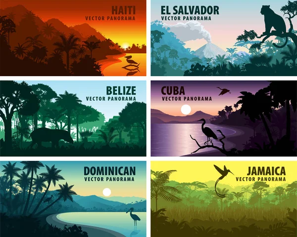 Ensemble vectoriel de panoramas pays des Caraïbes et d'Amérique centrale — Image vectorielle