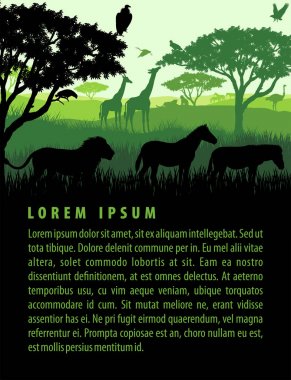Afrika savana safari yatay, yabani hayvanlar ve bitkiler hayvanlar siluetleri günbatımı tasarım şablonundaki vektör çizim