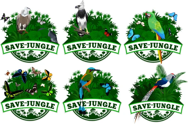 Guardar emblemas de la selva con animales establecidos — Vector de stock