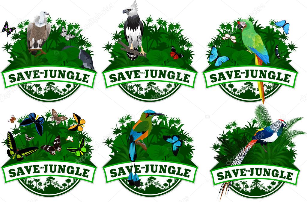 save jungle emblems with animals set