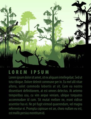 vector rainforest wetland silhouettes in sunset design template with heron, deer, gator,  turtle, kingficher and cormorant clipart