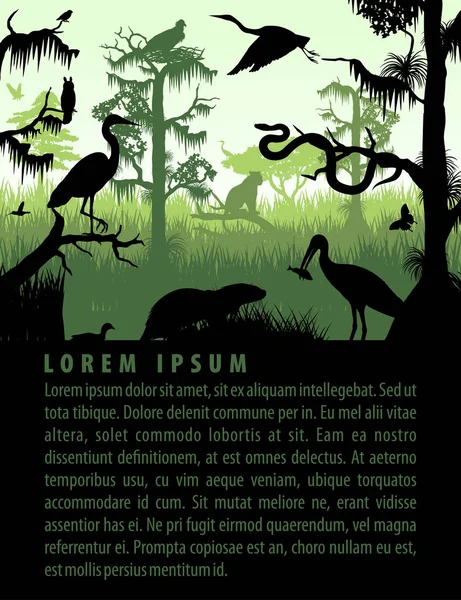 Siluetas de humedales de bosque lluvioso vectorial en plantilla de diseño de puesta de sol con garza, nutria, pitón, puma, águila y búho — Archivo Imágenes Vectoriales