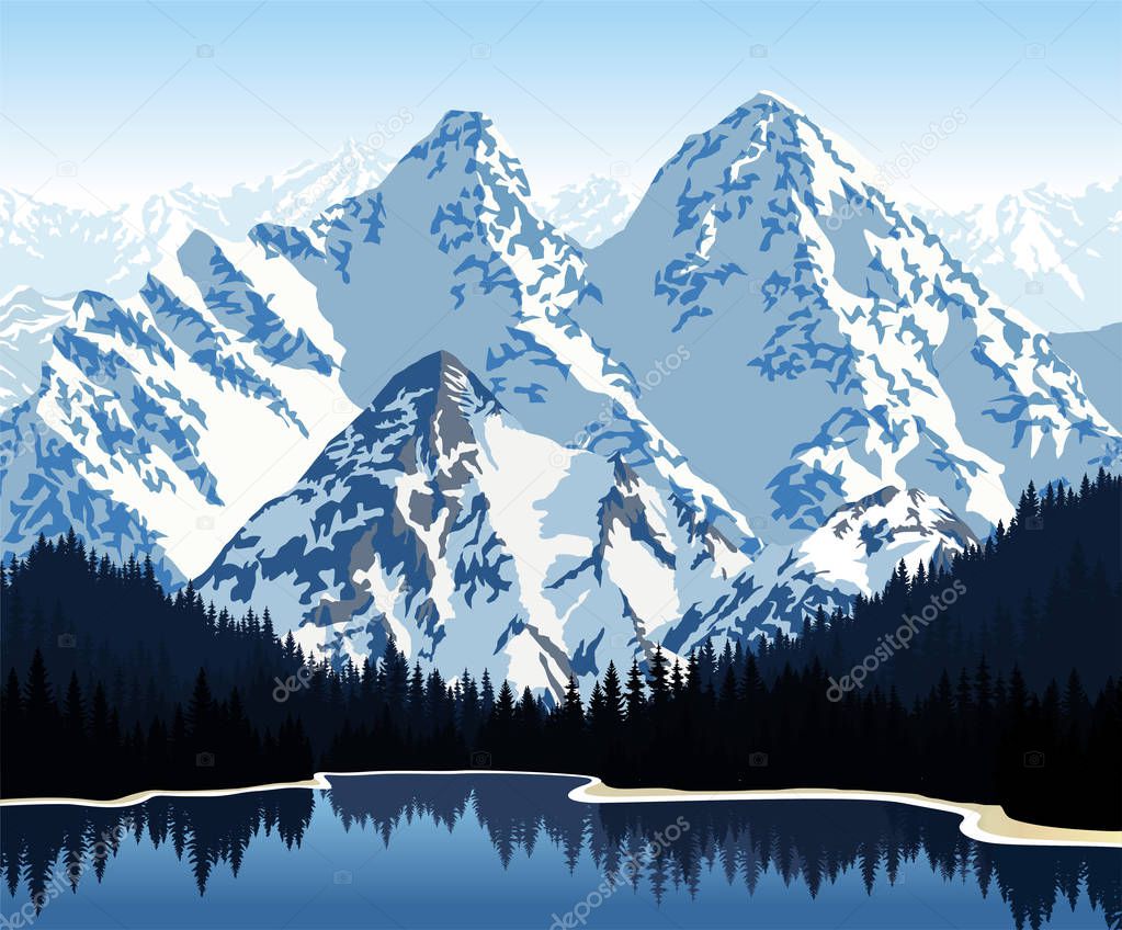 Vector illustration - lake in mountains