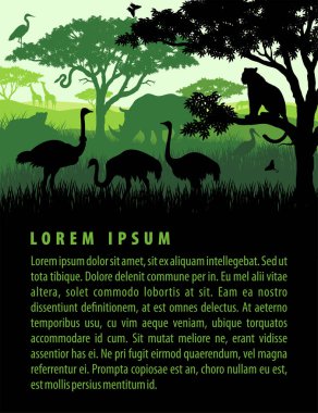 Afrika savana safari manzara vahşi hayvanlar siluetleri günbatımı tasarım şablonu ile vektör çizim