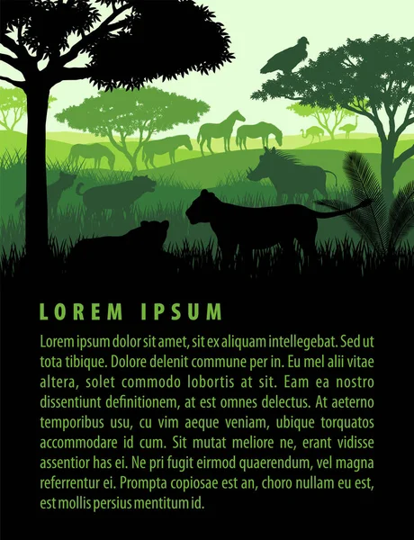 Afrika savana safari yatay, yabani hayvanlar ve bitkiler hayvanlar siluetleri günbatımı tasarım şablonundaki vektör çizim