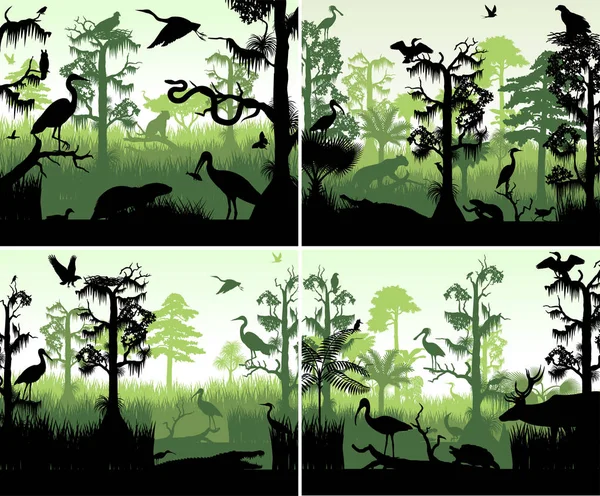 Conjunto de siluetas de humedales de bosque lluvioso vectorial en plantilla de puesta de sol con animales Ilustración de stock