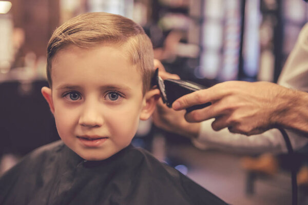 Cute little boy is looking at camera while getting haircut by hairdresser at the barbershop