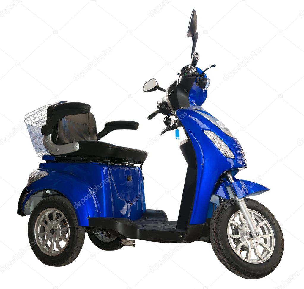 Side view of a blue, three wheel electric scooter with shopping basket and adjustable seat.