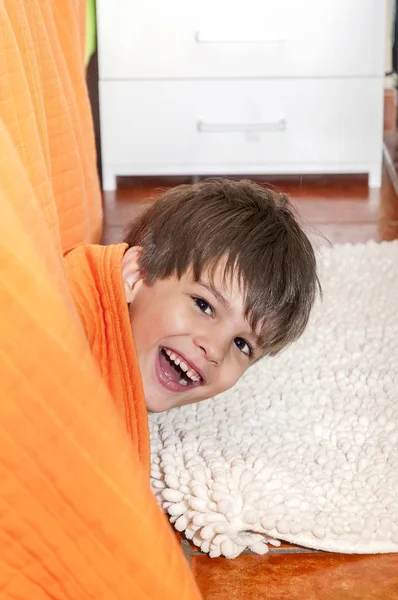 Playful Child Hiding Bed Home — Stock Photo, Image