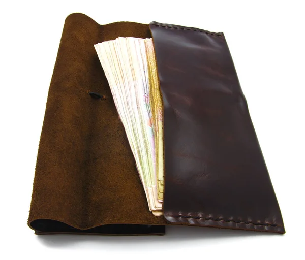Brązowy skórzany portfel moda na białym tle — Zdjęcie stockowe