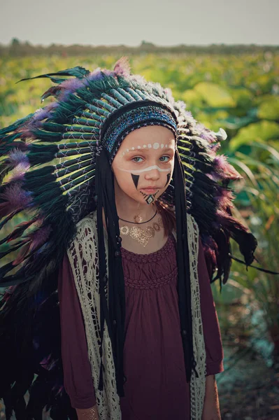 Junge Indigene Frau Amerikas Einer Kopfbedeckung Von Ideologen Kakerlaken Auf — Stockfoto