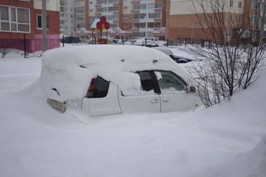 Karla kaplı arabalar şehirde caddede duruyor.