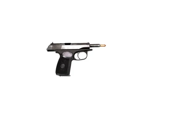 Pistola Preta Combate Isolado Com Cartuchos Fundo Branco — Fotografia de Stock