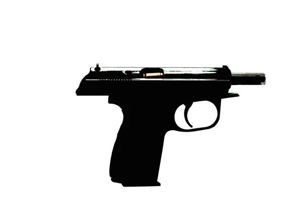 Pistola Negra Combate Aislada Con Cartuchos Sobre Fondo Blanco —  Fotos de Stock