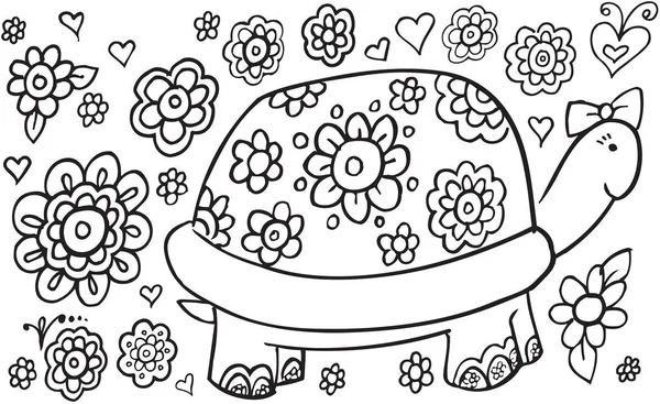 Doodle sköldpadda och blommor vektor Illustration konst — Stock vektor