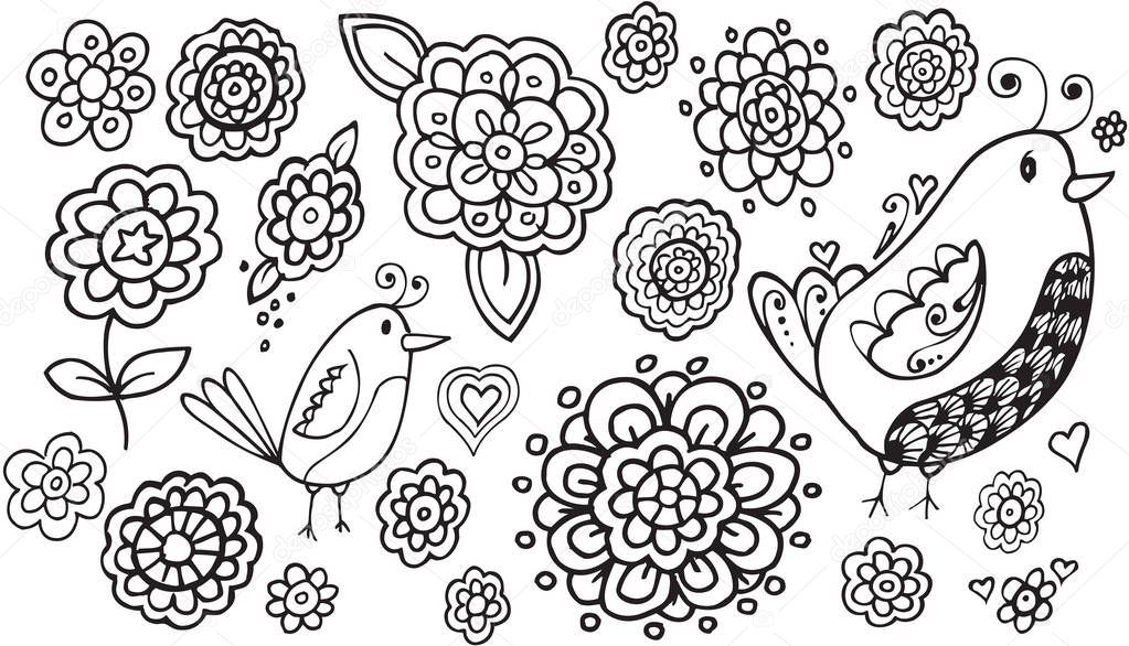 Doodle Flowers and Birds Vector Illustration Art 