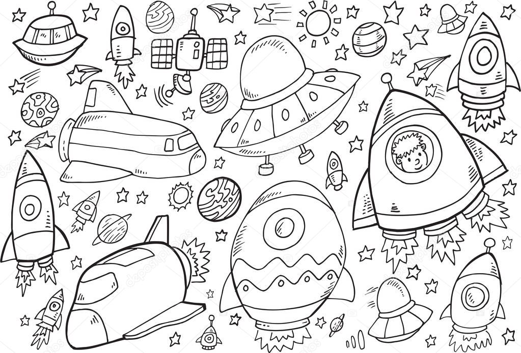 Outer Space Doodle Vector Illustration Set 