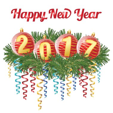 Kırmızı Noel topları witn basamak 2017 döşeme kozalaklı dalı ile serpantin, beyaz arka plan üzerinde izole. Vektör çizim