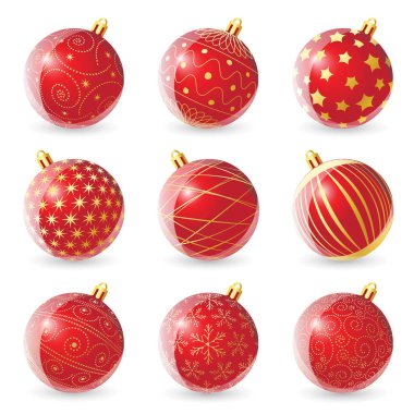 Parlak kırmızı renkli Noel topları birkaç altın desenli beyaz arka plan üzerinde ayarlayın. Vektör çizim