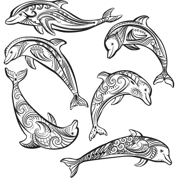 Set of Decorated dolphin — Stock Vector