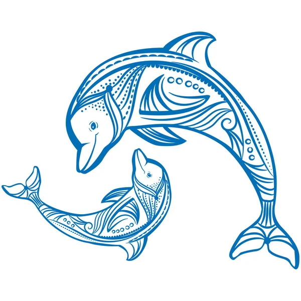 Deux dauphins Croquis de dauphin bleu décoré — Image vectorielle