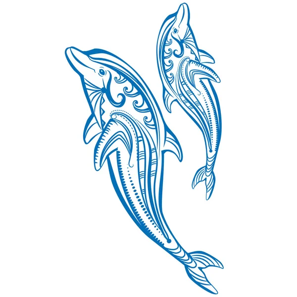 Два дельфина Эскиз украшенного синего дельфина — стоковый вектор