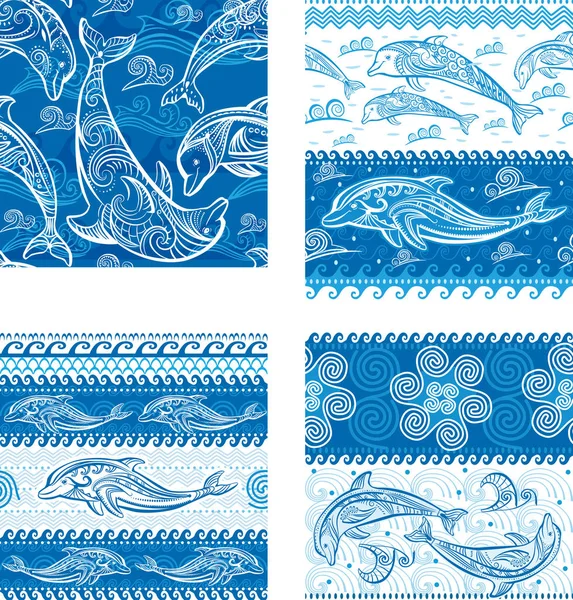 Sada Seamless pattern s delfíny — Stockový vektor