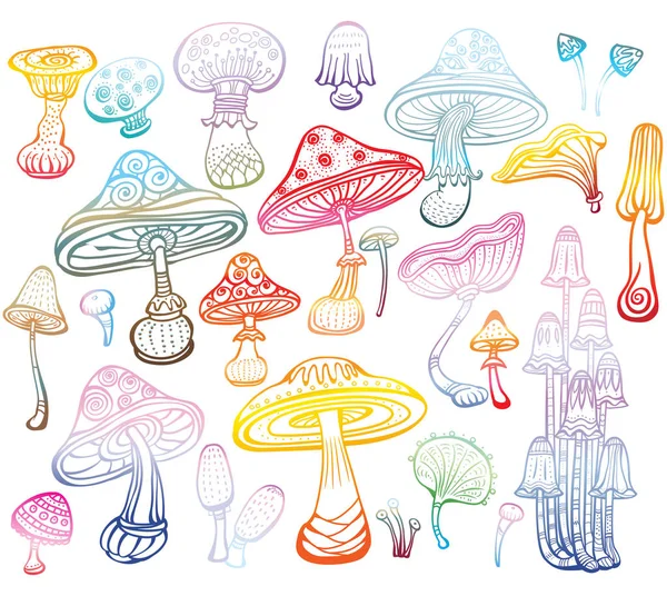 Ensemble de croquis de champignons colorés — Image vectorielle