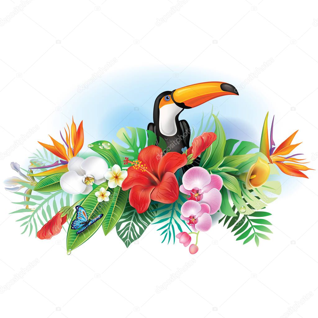 Toucan and tropical flowers
