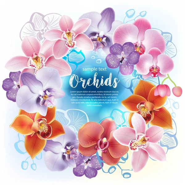 Cartão de saudação com flores de orquídeas —  Vetores de Stock