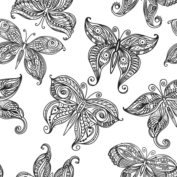 Nahtloses Muster mit kunstvollen Doodle-Schmetterlingen — Stockvektor