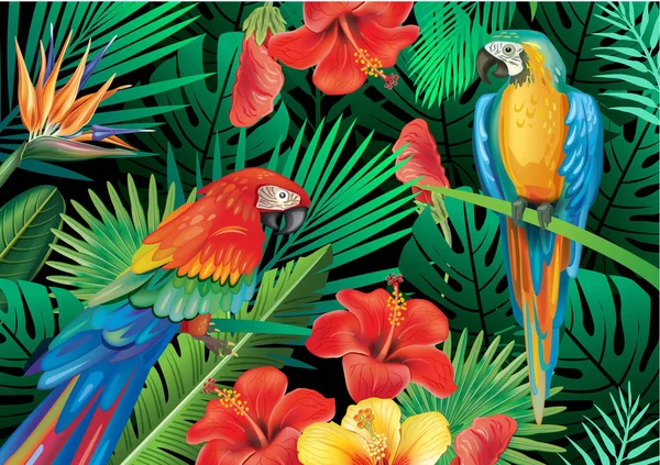Papoušci s tropickými rostlinami — Stockový vektor