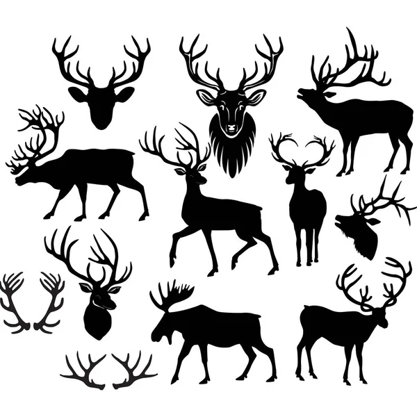 Black silhouettes of deers and deer horns — Stock Vector
