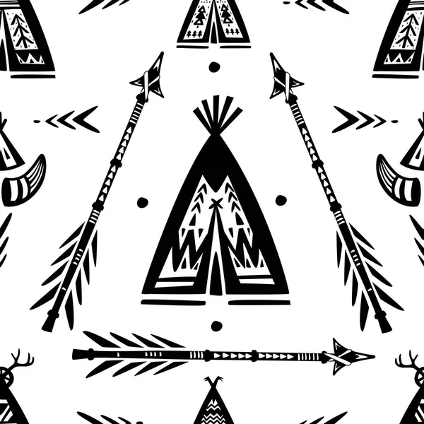Patrón con tee pee wigwam y flechas — Archivo Imágenes Vectoriales