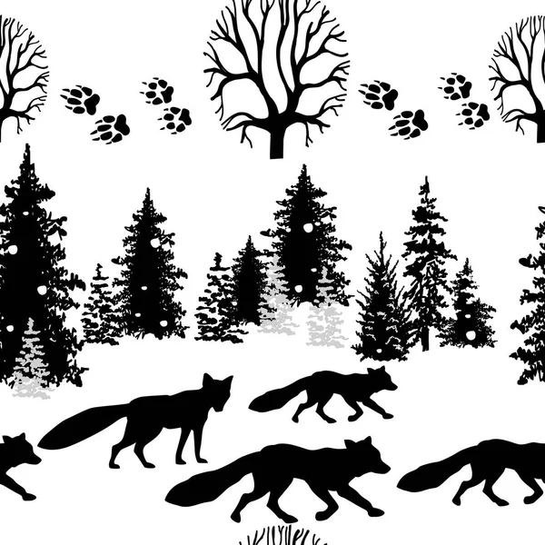 Seamless pattern with fox and trees — Stock Vector