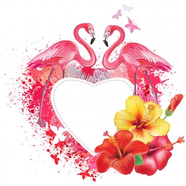 Greeting card with Flamingoes and flowers clipart