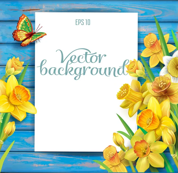 Daffodils flowers on the wooden background — Stock Vector