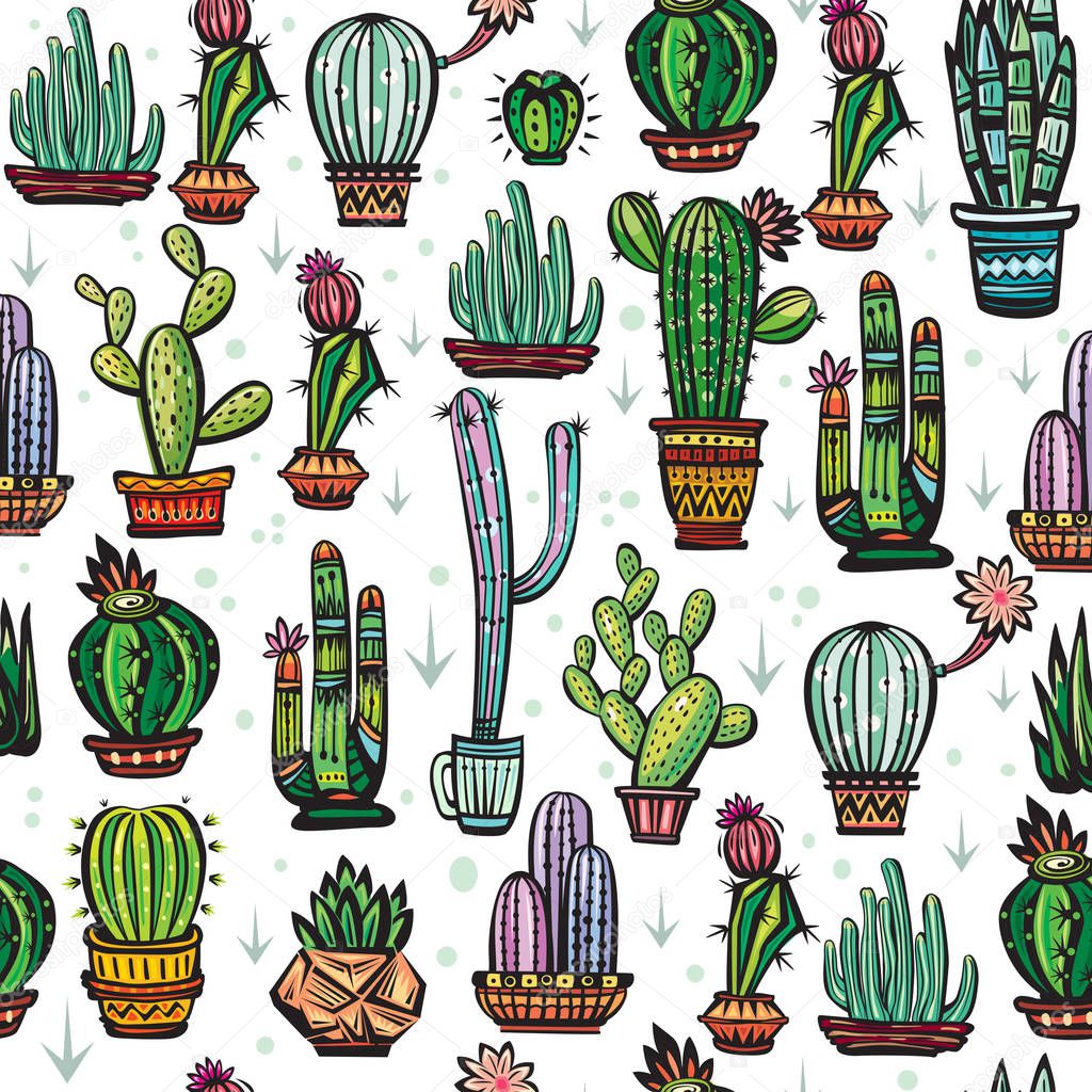 Seamless pattern with cute cactuses