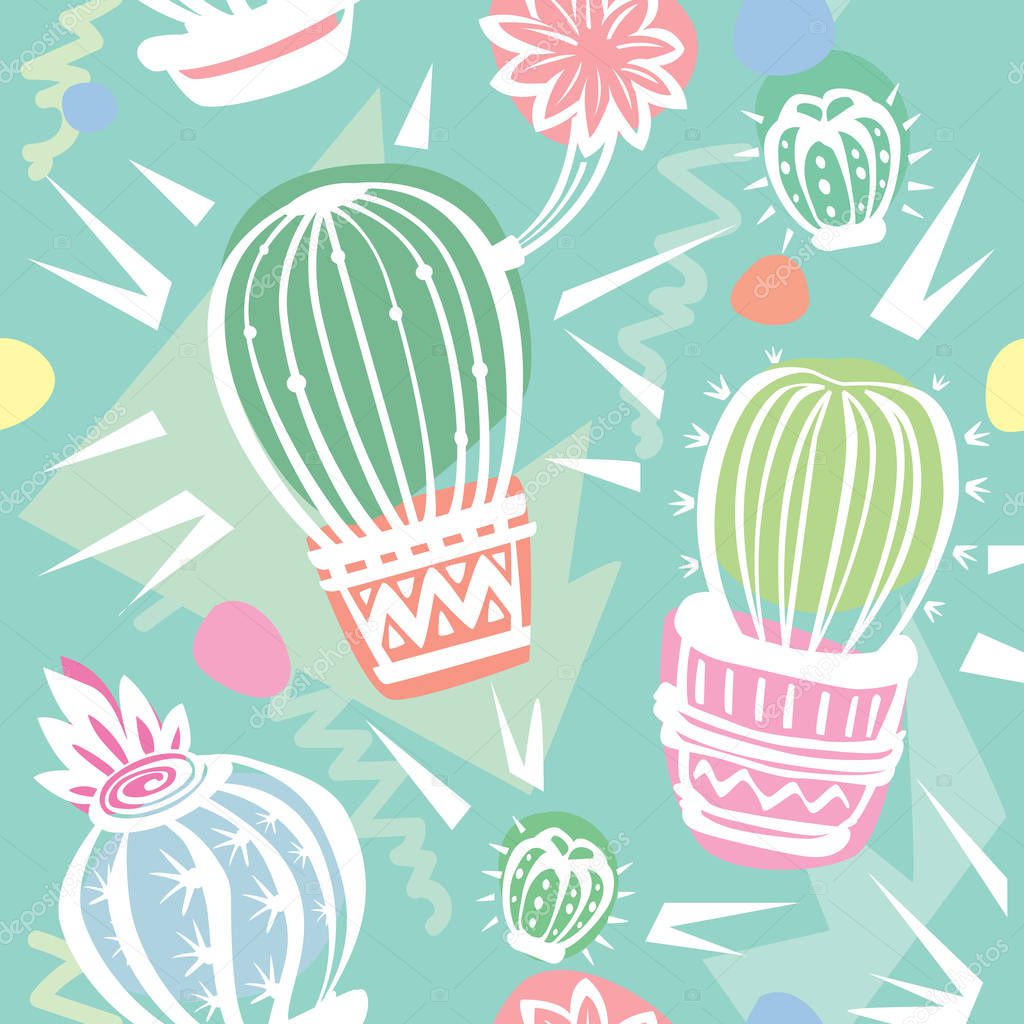 Seamless pattern with cute cactuses