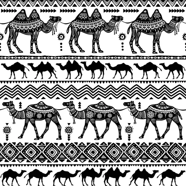 Бесшовный узор с декоративными верблюдами — стоковый вектор