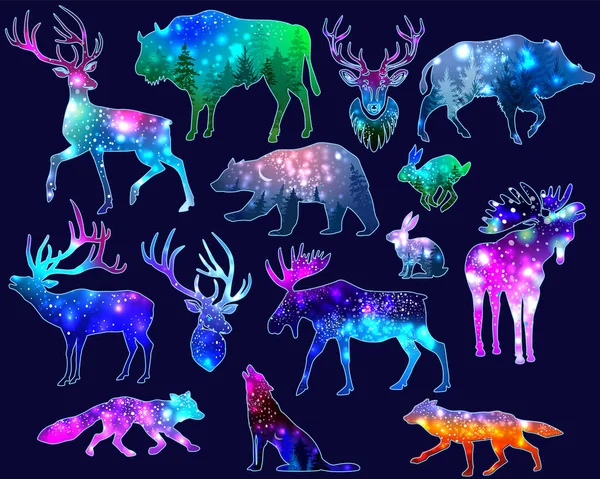 Animales con fondo de galaxia — Vector de stock